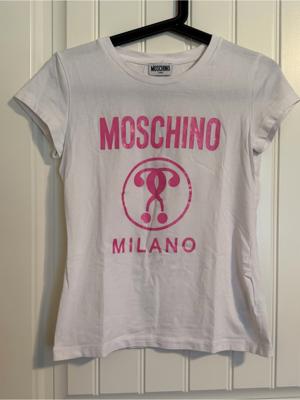 Moschino White Tee with Hot Pink Logo
